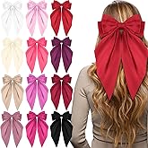 Hoteam 12 Pcs Silky Satin Oversized Hair Bows Bulk Big Hair Bows for Women Valentines Long Tail Large Bowknot Barrettes Galentines Barrettes Clips Ribbon Bow Accessories Gifts(Fresh)
