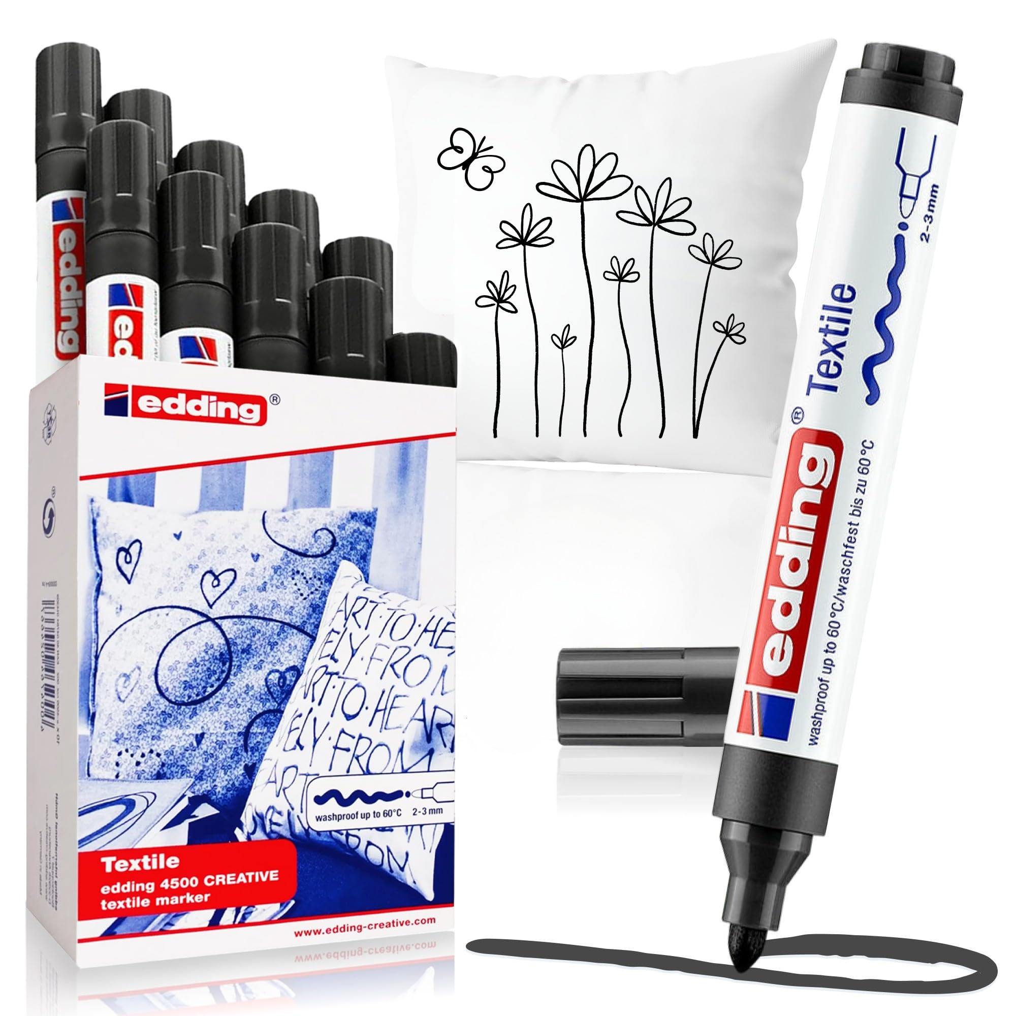 edding 4500 textile marker - black - box of 10 - round nib 2-3 mm - permanent fabric markers for drawing on textiles, wash-resistant up to 60 °C - marker pens for fabric lettering