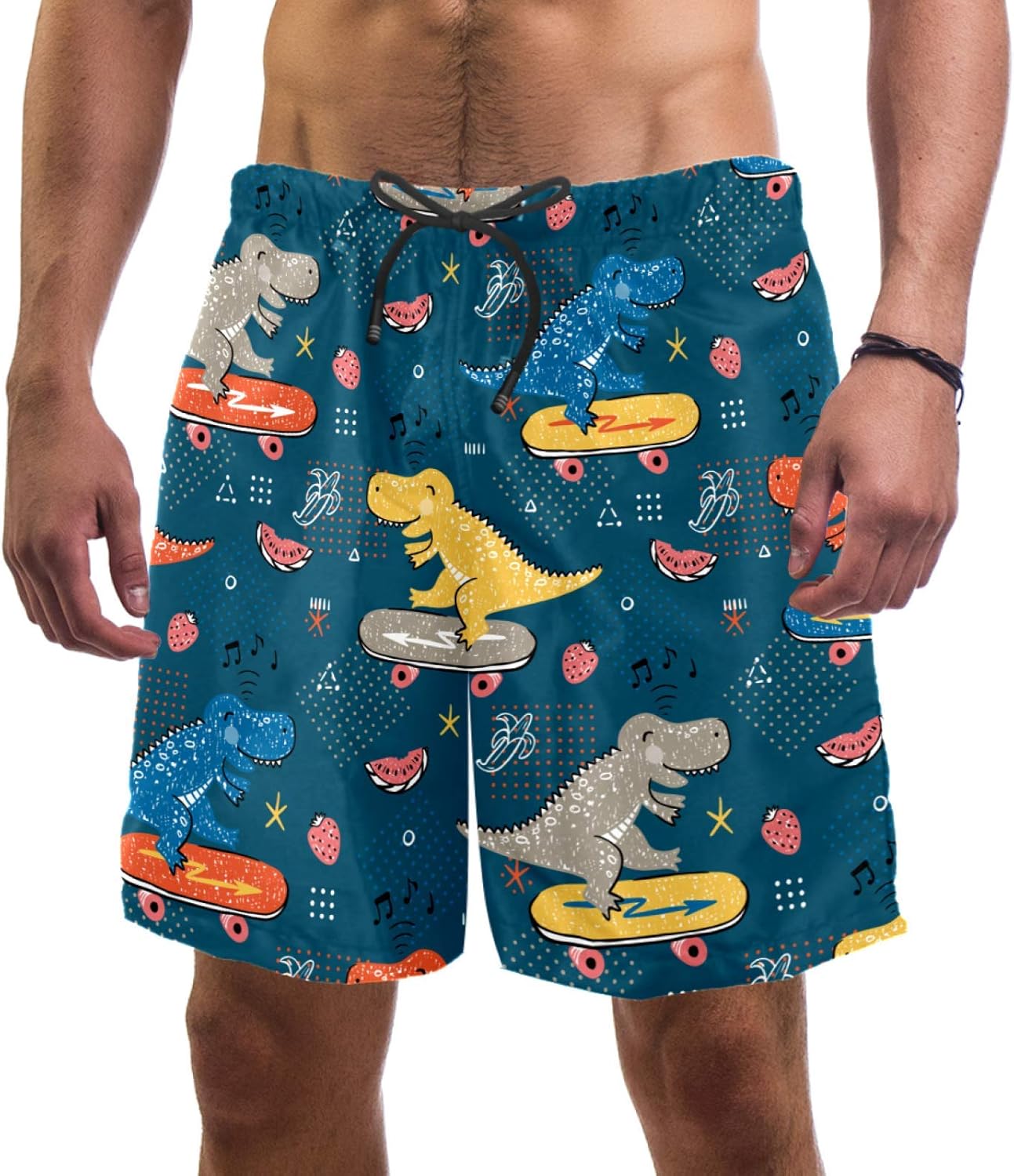 Mens Short Dinosaur Skateboard Swim Trunks Quick Dry Breathable Sports