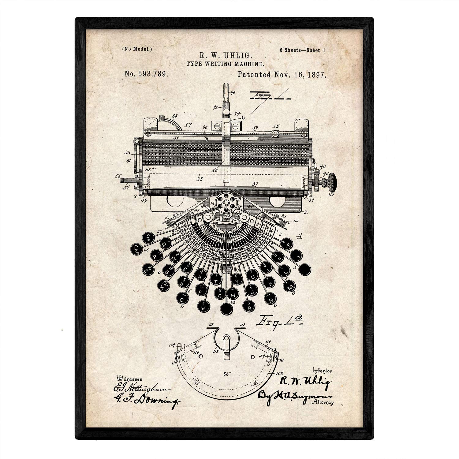 Nacnic Poster patent typewriter. Sheet with old design patent in A3 size and vintage background