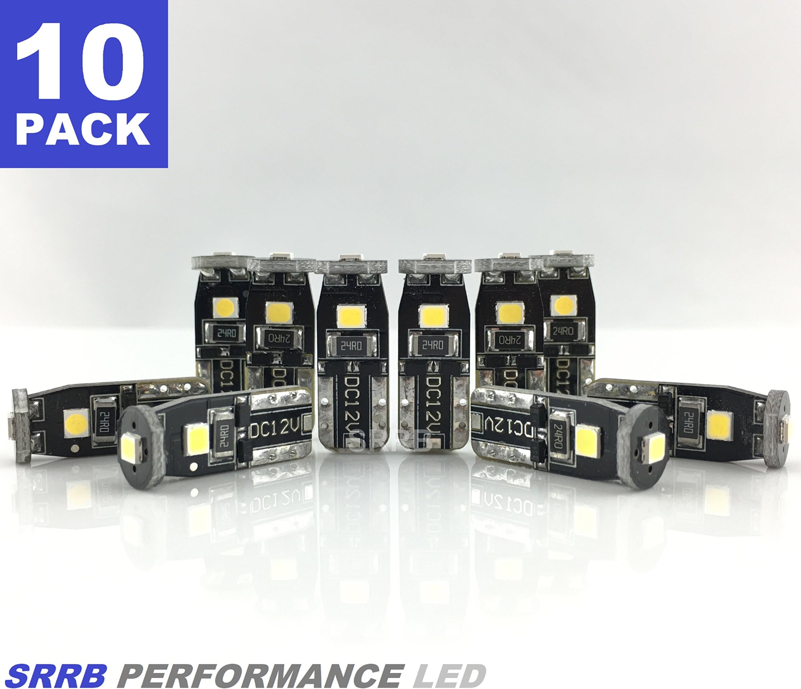 SRRB Performance T10 W5W 168 194 2825 LED Replacement Wedge Light Bulb for Car Interior Dome Map Door Courtesy License Plate T10-3SMD (Xenon White, 10 Pack)