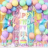 Jobkoo Pastel Birthday Decorations for Girls, Macaron Rainbow Pastel Color Balloons Reusable Happy Birthday Banner Sign Fringe Curtain Backdrop Cake Toppers for Kid Spring Baby Shower Party Decoration