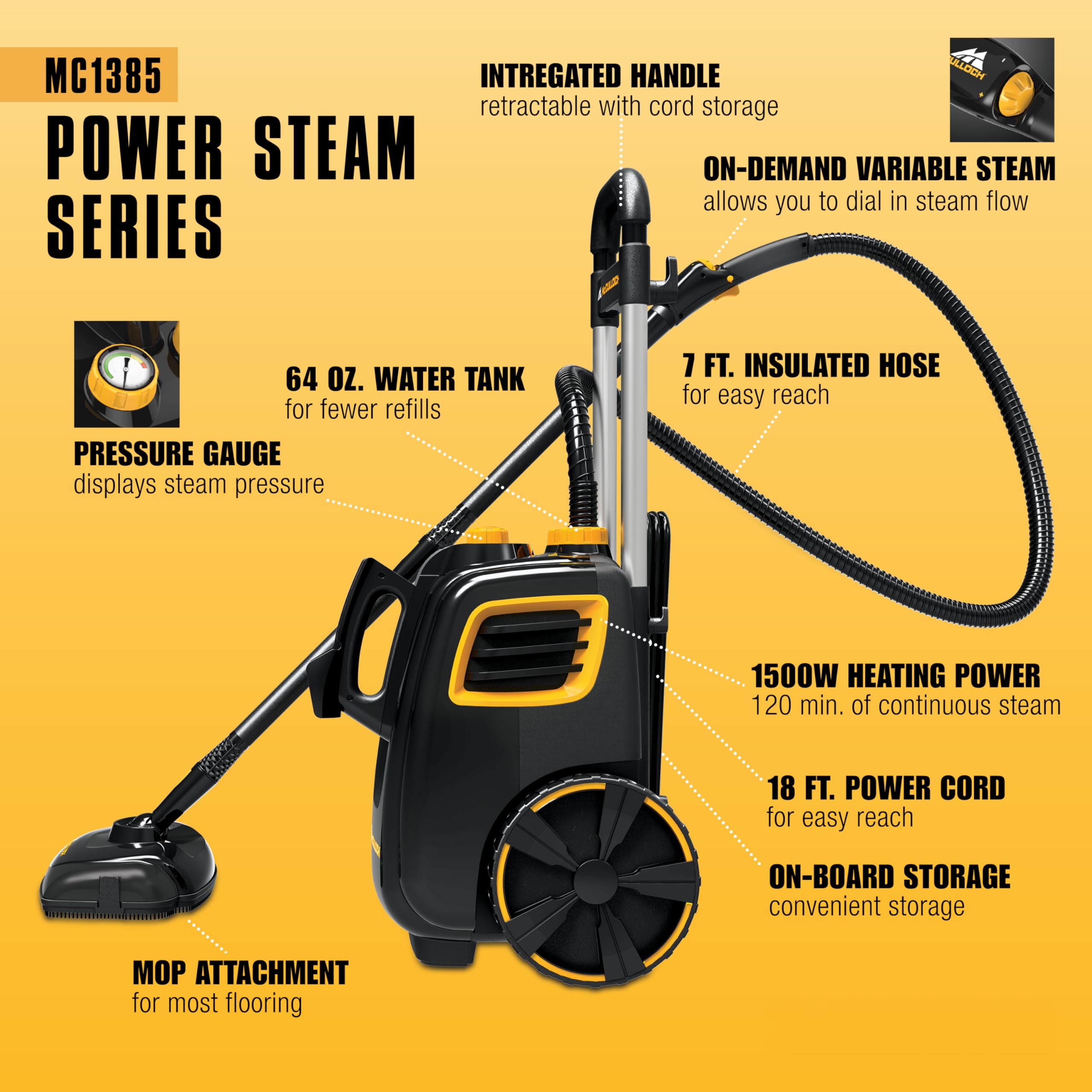 McCulloch MC1385 Deluxe Canister Steam Cleaner, 2-Hour Runtime, Chemical-Free, 23 Accessories: Mop Head, Brushes & More - Built for Home, Tile, Carpet, Furniture, & Personal Car Detailing