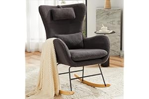 NIOIIKIT Nursery Rocking Chair, Teddy Upholstered Glider Rocker with Headrest and Lumbar Pillow, High Backrest Rocking Accent Chair with Side Pocket, Comfy Armchair for Living Room (Grey)