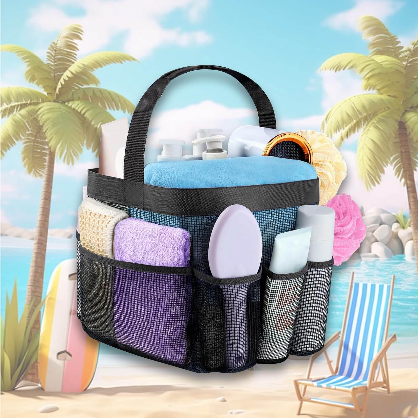 Photo 1 of Generic Mesh Shower Caddy, Portable for College Dorm Room Essentials, Travel, Beach, Swimming, Gym, Black, 8-Pocket, Large Capacity, Adjustable, Hanging Mount