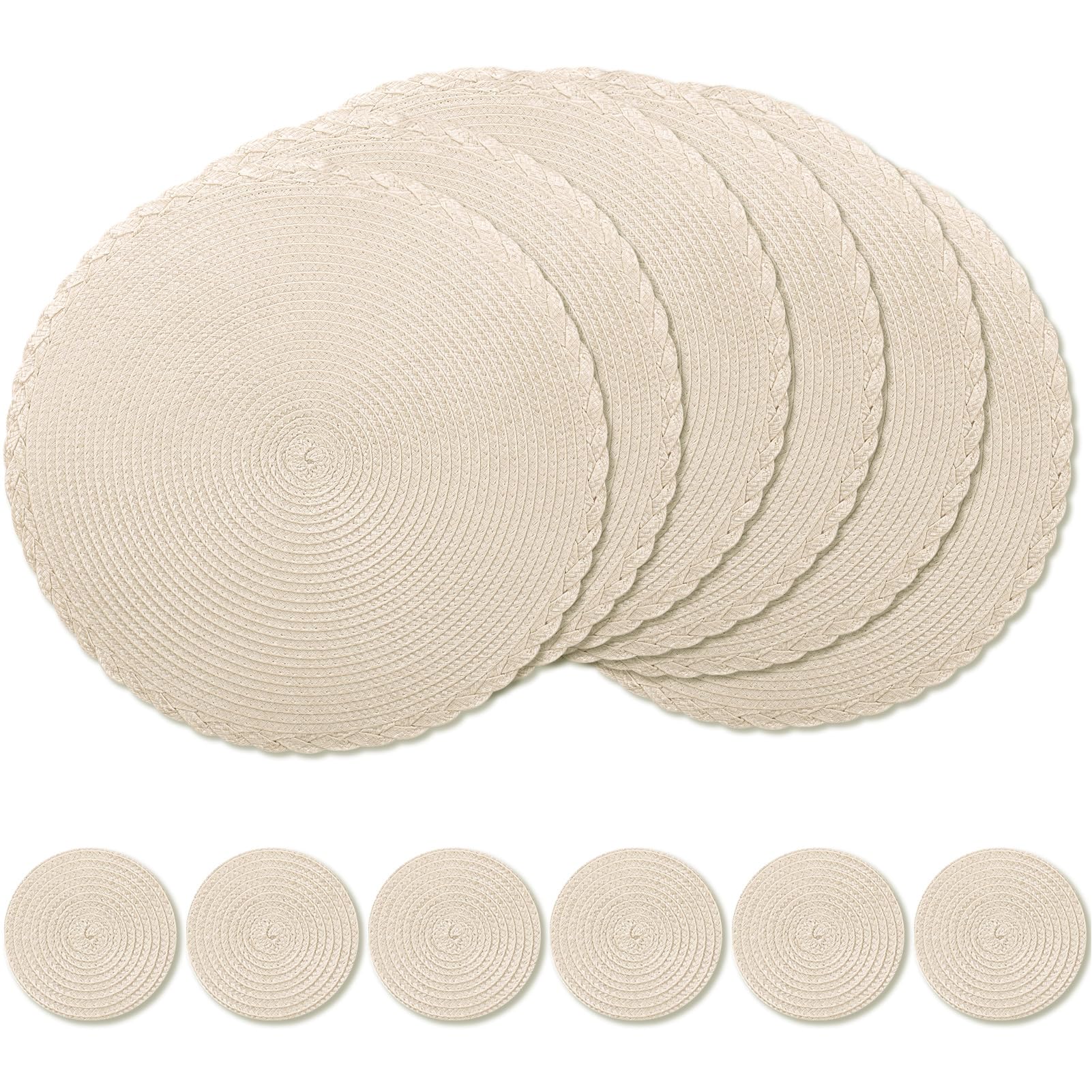 wiipara Round Woven Placemats Set of 6, 34 cm Kitchen Coffee Table Mats with Coasters Heat Resistant Wipeable Table Placemats for Dining Table, Home, Restaurant, Hotel, Cafes (Apricot)