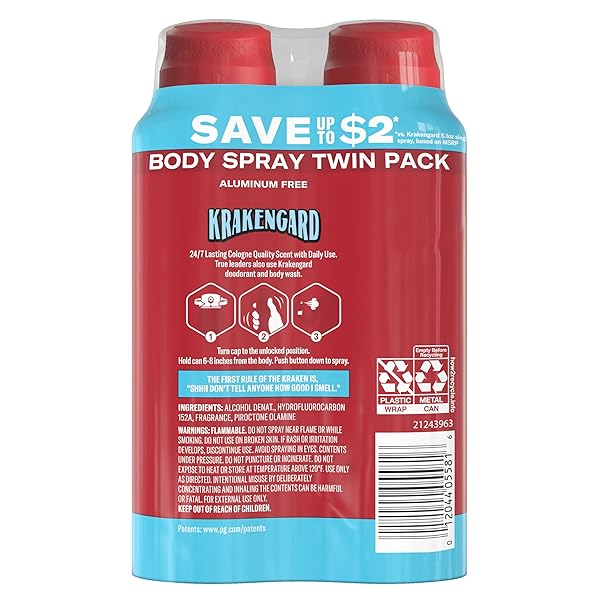 OLD SPICE ALUMINUM FREE BODY SPRAY FOR MEN, 24/7 ODOR PROTECTION, 24/7 LASTING FRAGNANCE & FRESHNESS, COLOGNE QUALITY SCENT, KRAKENGARD WITH DEEP OCEAN SCENT, 5.1 OZ (PACK OF 2)