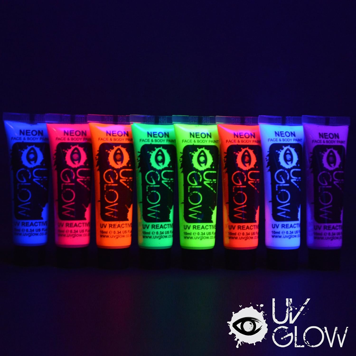 UV Glow Neon Face and Body Paint 10ml - Pack of 24, Pink, Orange, Red, Yellow, Green, Blue, Purple, White, 10 ml (Pack of 24) - Image 4
