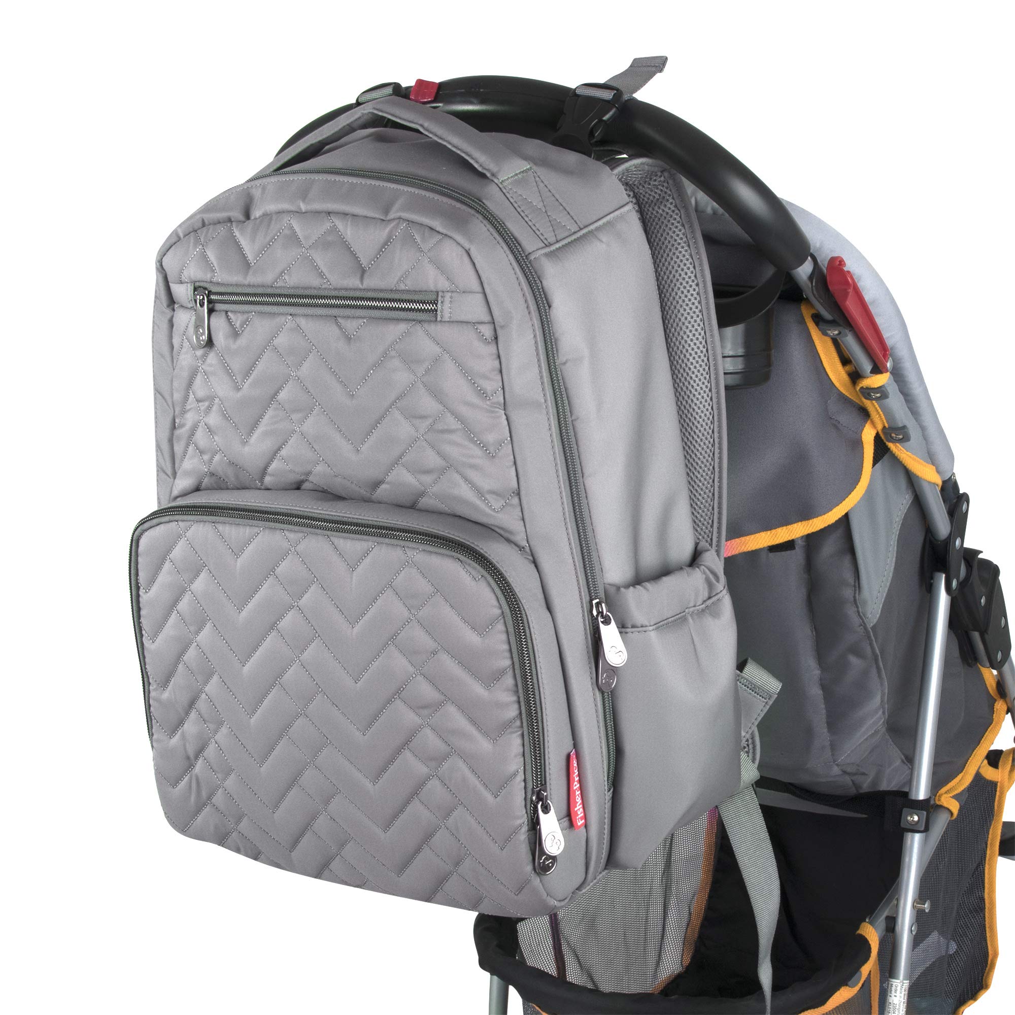 FISHER-PRICE BABY Baby Essentials Fisher-Price Signature Morgan Quilted Backpack Diaper Bag with Changing Pad, Stroller Clips, Laptop Compartment (Gray)