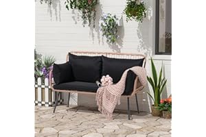 Verano Garden Patio Loveseat, Outdoor Balcony Furniture, Wicker Patio Set with Cushions & Pillows, Patio Furniture Couch for Porch, Backyard, Deck, Poolside (Black)