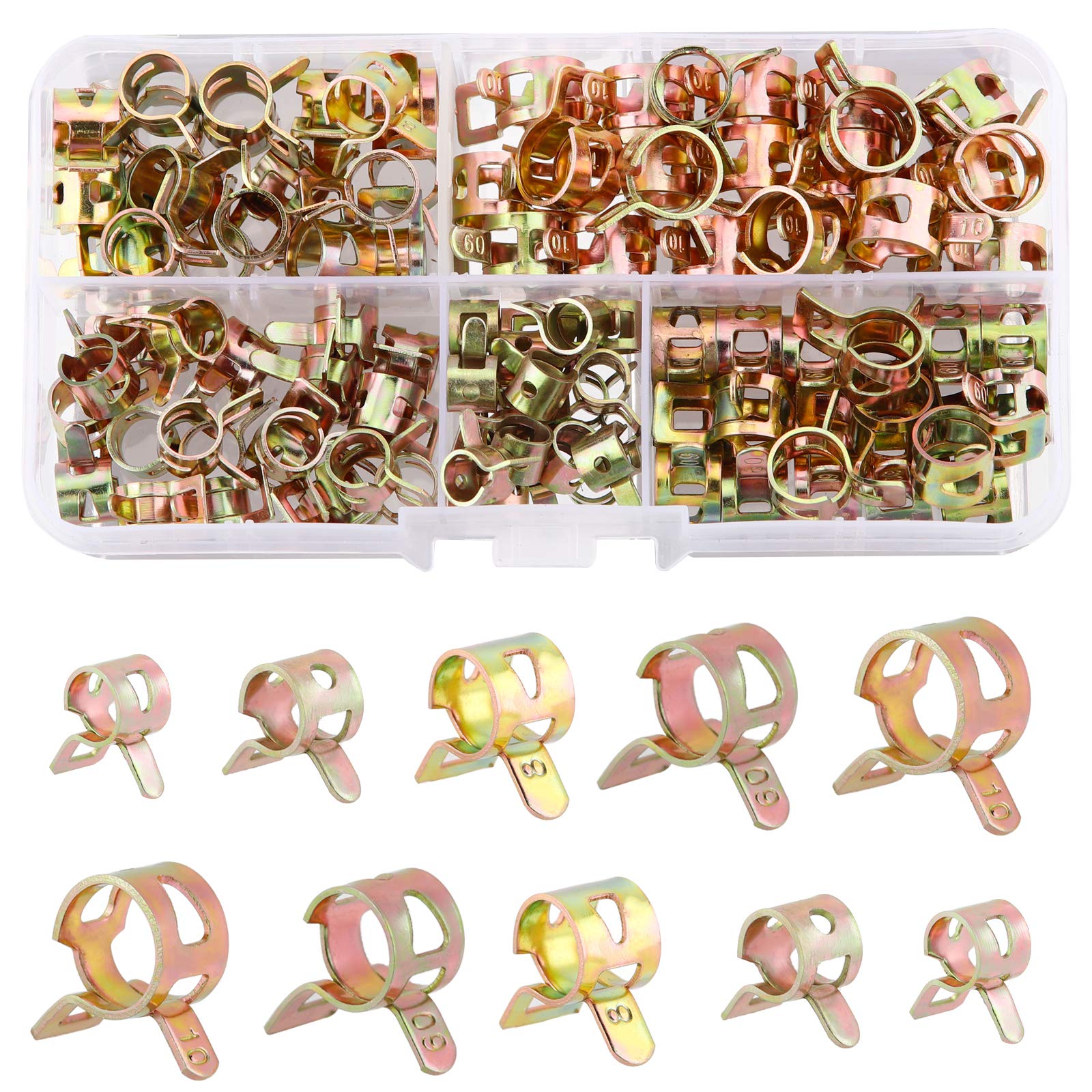 Rybtd Spring Hose Clamps, 100Pcs Metal Fuel Line Hose Clips M6/7/8/9/10, Air Tube Clamps Fastener with Transparent Box