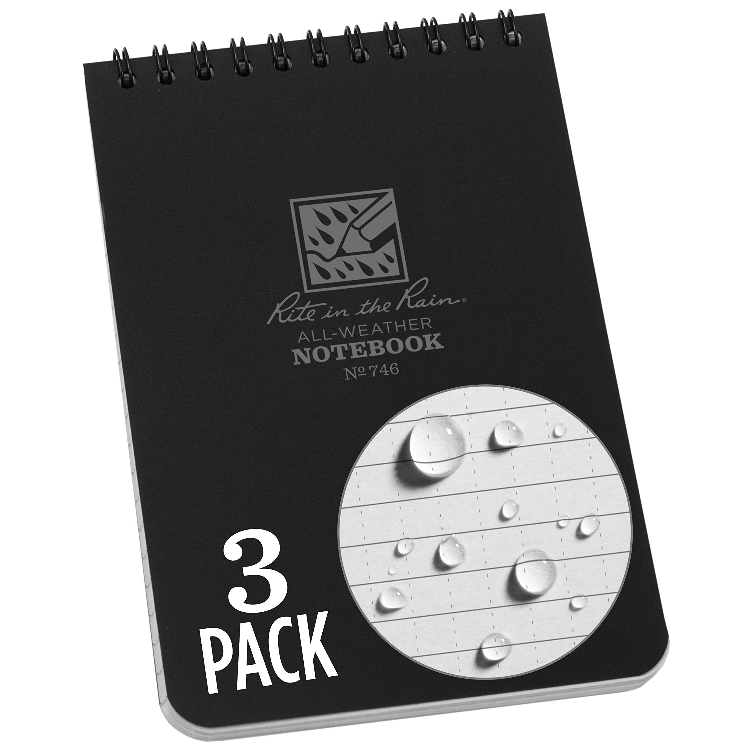 Rite in the Rain Weatherproof Top Spiral Notebook, 4" x 6", Black Cover, Universal Pattern (No. 746-3)