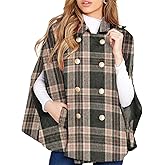 Womens Plaid Jacket Double Breasted Winter Cape Coats Turn Down Poncho with Pockets