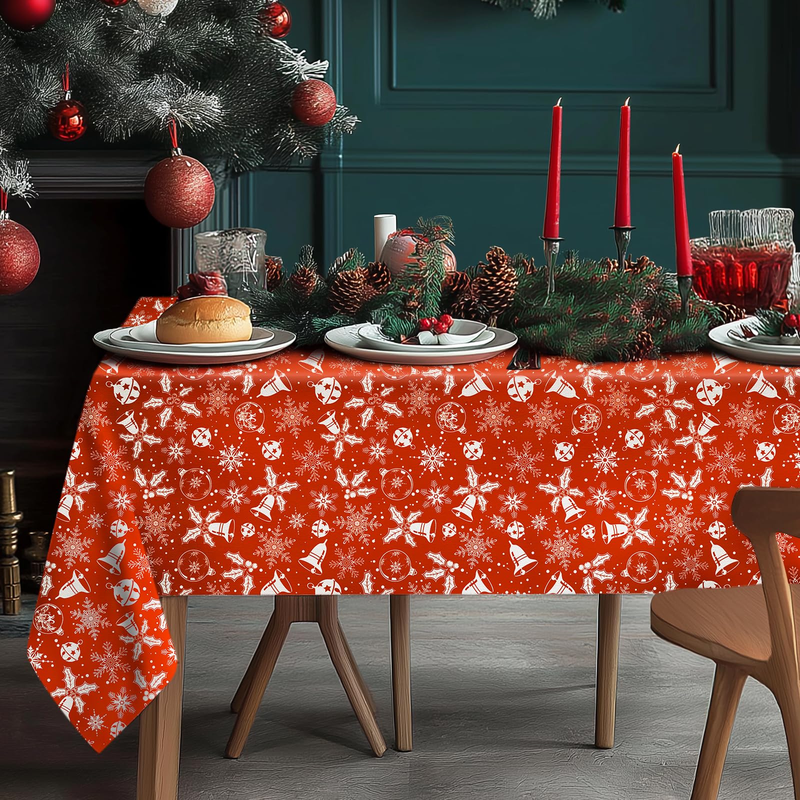 FACIACC Christmas Table Cloth Xmas Red Decor Rectangular 180x140cm Wipe Clean Tablecloth New Year Xmas Party Decoration Bell Snowflakes Wrinkle Free Durable Dining Table Cover