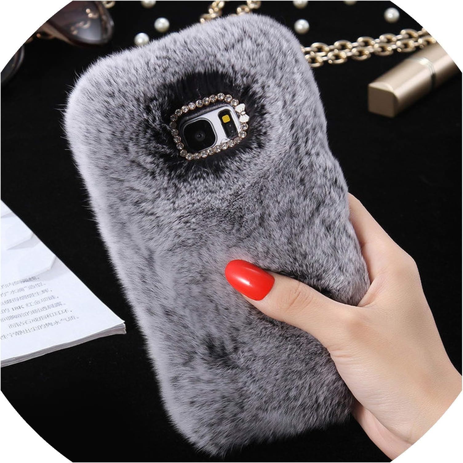Cute Fur Fluffy Phone Case For Samsung Galaxy S7 edge S10e S9 Plus Diamond Back Shell For Samsung S10 S8 Protective Cover,For Samsung S10 Plus,Grey