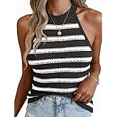 Fisoew Womens Summer Crochet Halter Tops Striped Sleeveless Tank Top Casual Knit Hollow Out Camisole Loose Sweater Vest