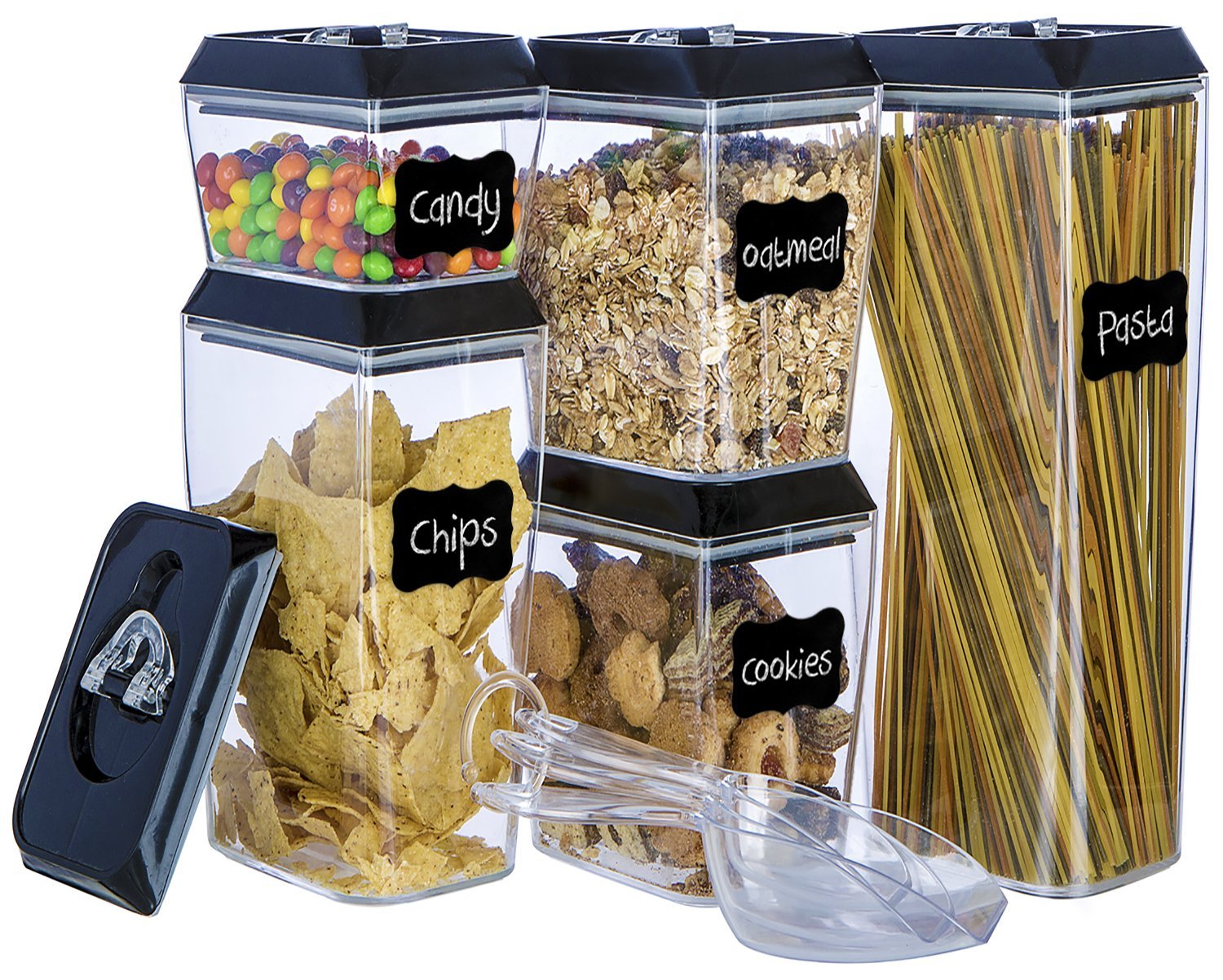Airtight Food Storage Container Set - Stackable 5-Piece Lid Lock Set with 12 Erasable Chalkboard Labels, 1 Chalk Marker, and 3 Custom Scoops - Durable Plastic - BPA Free - Keeps Food Fresh and Dry