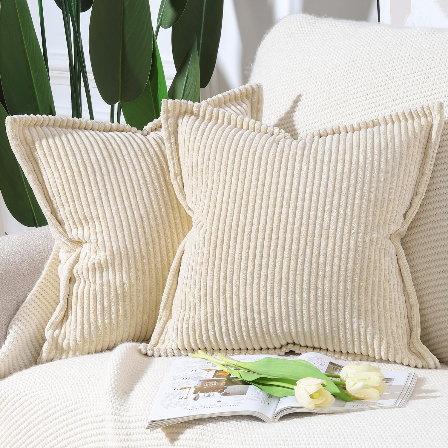 Madizz Beige Corduroy Cushion Covers with Fringe Edge 16x16 inch, 40x40 cm, Set of 2 Soft Boho Striped Pillow Covers Broadside Decorative Textured Throw Pillows for Sofa Bedroom Pillow Shell