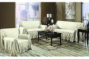 KASHI HOME Venice Home 3 Piece Sofa, Loveseat, Chair Protector Throw Cover Set Ivory
