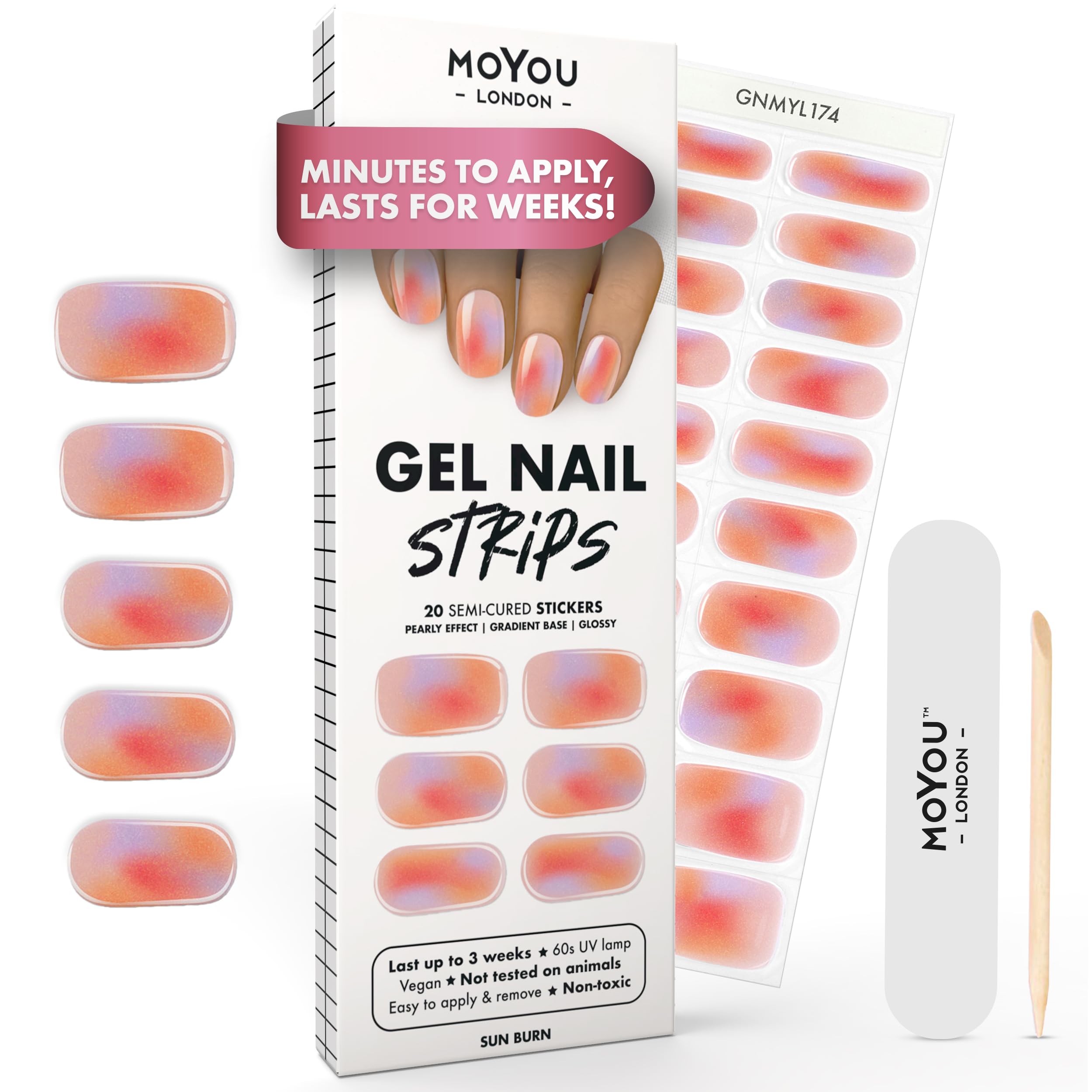 MOYOU LONDON Semi Cured Gel Nail Strips - 20 Pcs. Waterproof Gel Nail Wraps, Cures in Sunlight or UV/LED Lamp, Lasts Up to 2+ Weeks, Stretchable, Easy to Apply & Remove, Vegan & Cruelty-Free