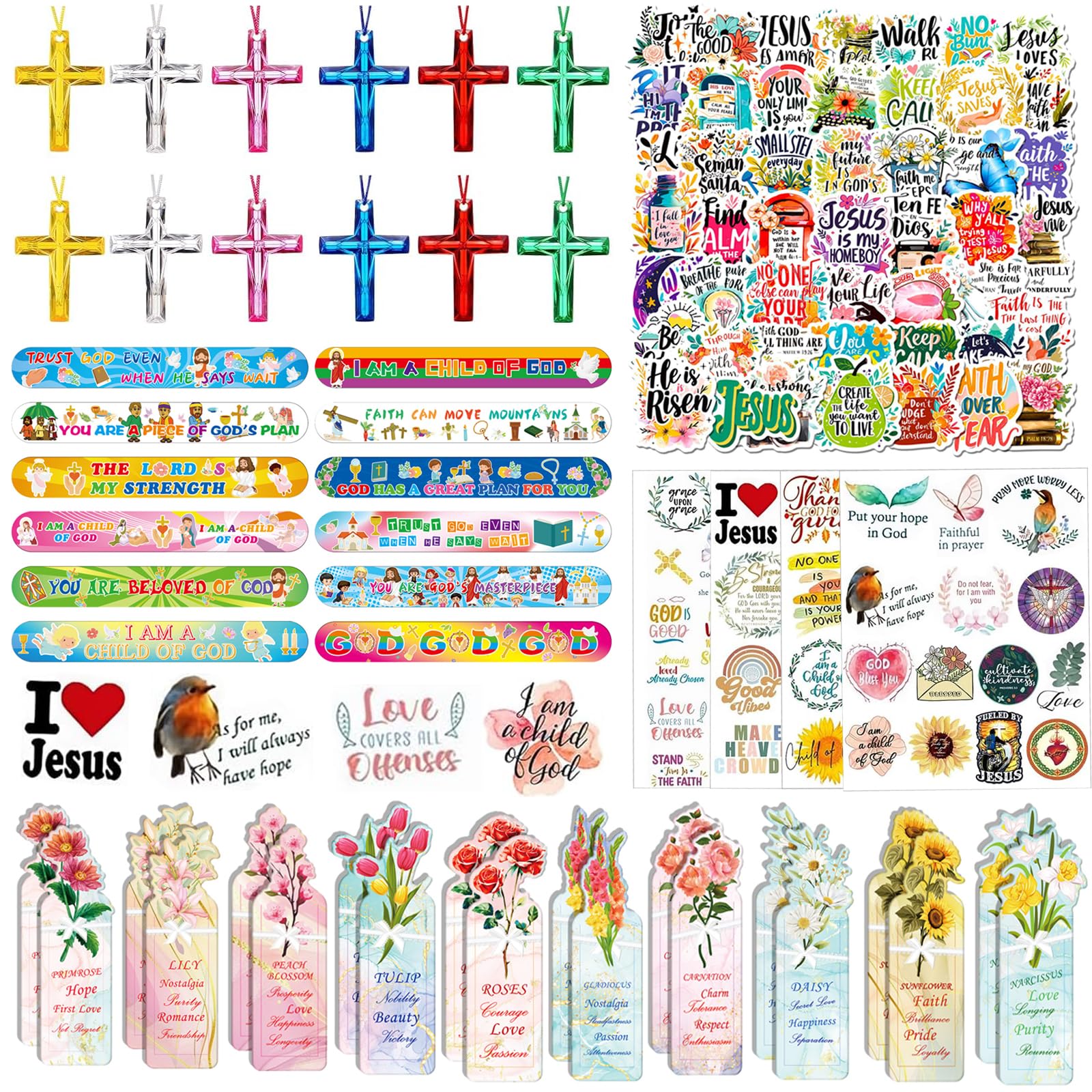 Yrmysrx Bible Verse Party Favors, Christian Jesus Party Favors Include Cross Necklace Slap Bracelets Temporary Tattoos Bookmarks and Stickers for Christian Party Christmas Gifts Church School