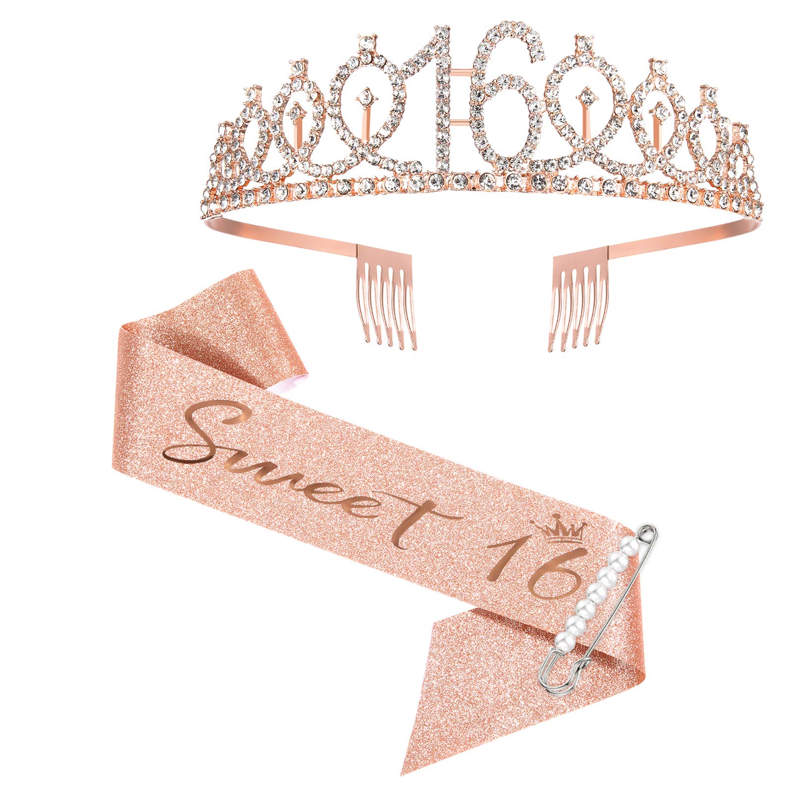 SZHUIHER 16th Birthday Tiara and Sash for Girls, Sweet Sixteen Party Favor Supplies