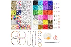 JOJANEAS Bracelet Making Kit 5mm Glass Seed Beads for Jewelry DIY, Art Craft Kit for Girls, Tiny Beads Set with Letter Beads, Elastic String, Polymer Clay Beads, Keychain Pendant