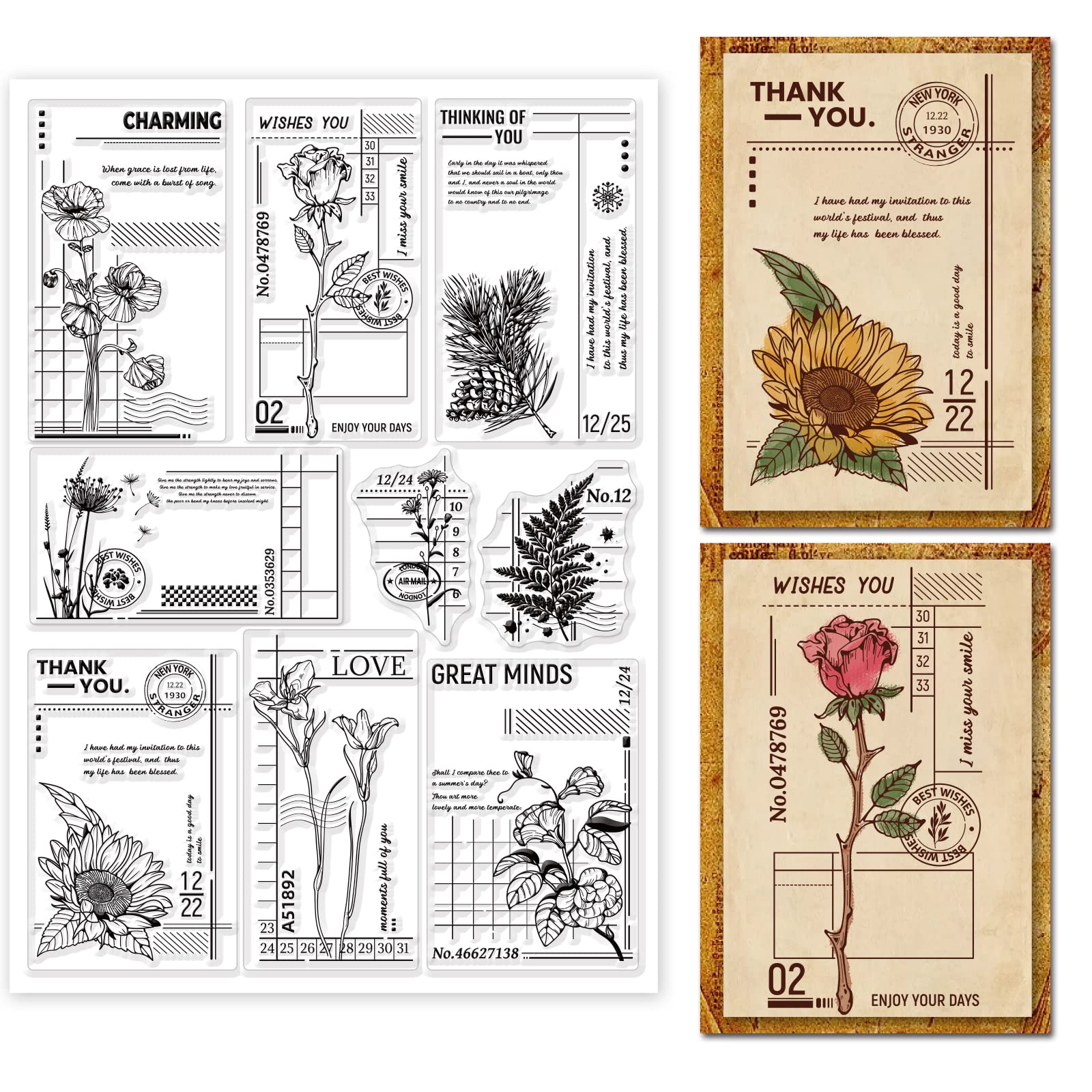 GLOBLELAND Vintage Floral Postcard Clear Stamps Art Journal Background Silicone Clear Stamp Seals for Cards Making DIY Scrapbooking Photo Journal Album Decoration, 30x21cm/11.7x8.3inch
