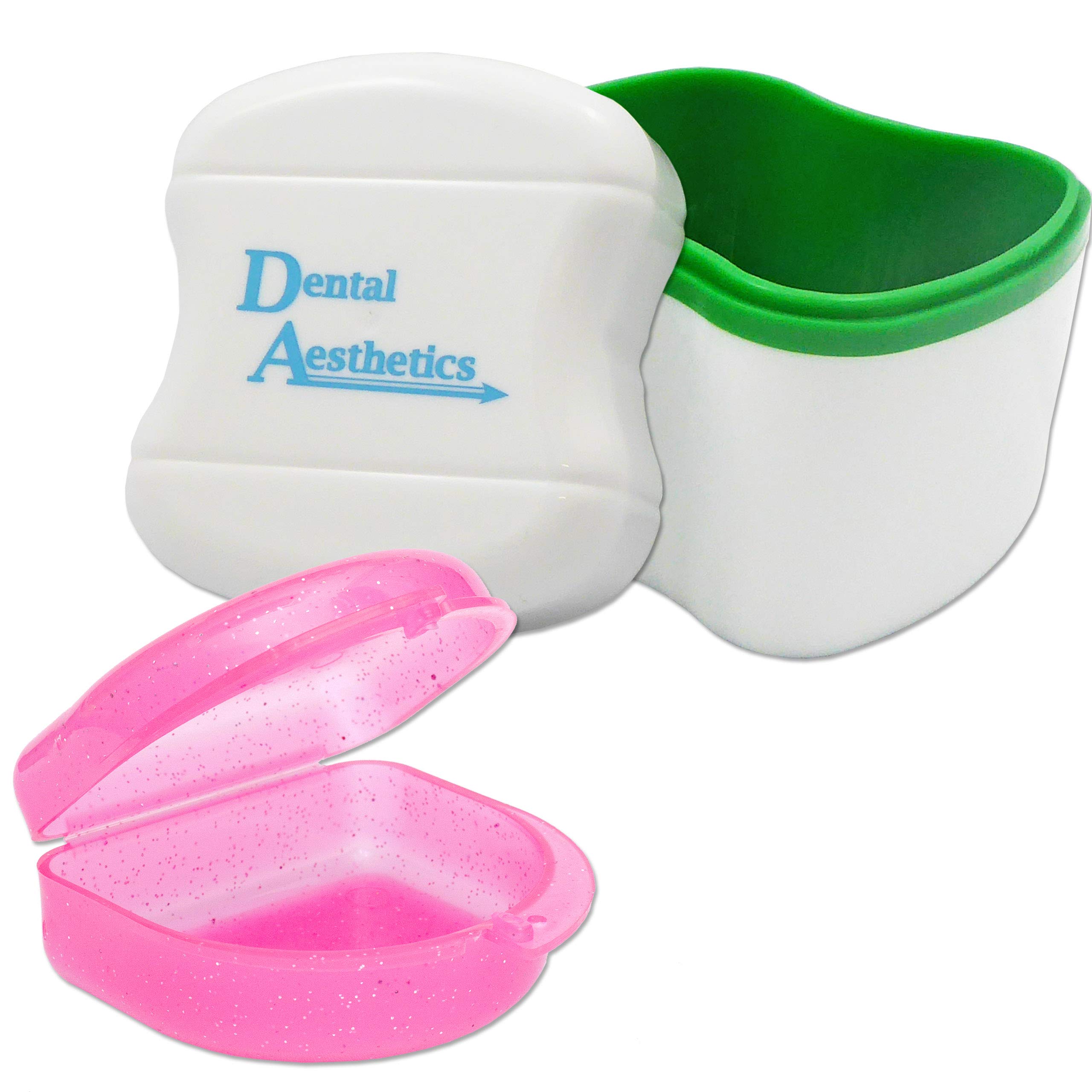 Dental Bath and Retainer Case ~ Storage Case and Container for Soaking Ortho Retainers, Sports Dental Appliances, Dentures & More (Green Bath, Glitter Pink Case)