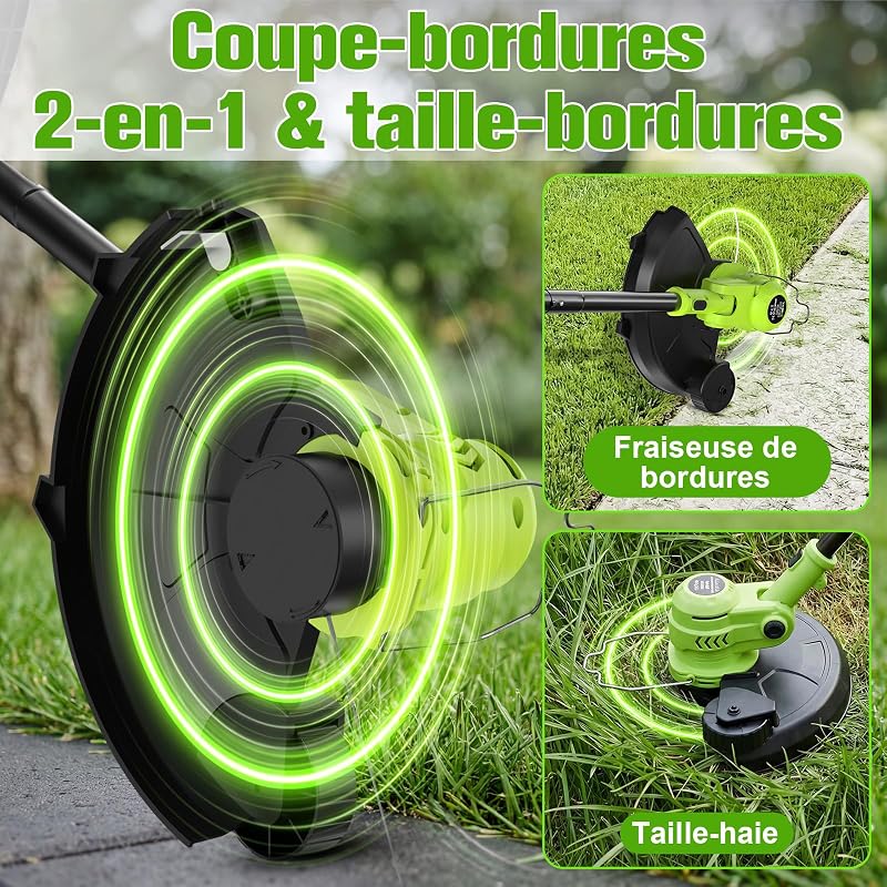 Débroussailleuse Électrique sans Fil 21V avec Écran LCD, Coupe-Bordure à Roues (30cm), Avancement Automatique du Fil, 8 Bobines Incluses, Tête Réglable et Multifonction. (Set Jardin Pro)