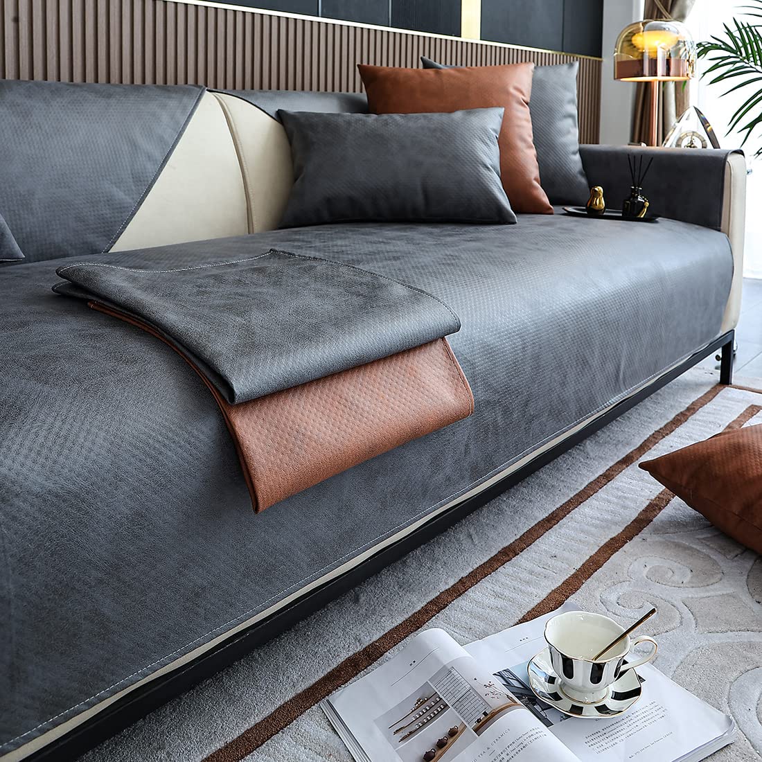 Photo 1 of vctops Vintage Leather Look Sofa Cover Water Resistant Non-Slip Sectional Couch Cover Sofa Slipcover for Dogs, Children, Pets Furniture Protector (Grey,43"x94")
