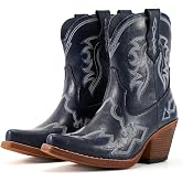 Lante Cowboy Ankle Boots for Women with Embroidery | Snip Toe Low Chunky Heel Classic Western Style Pull-On Tabs