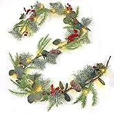 Timer - 6 Ft Snow Flocked Prelit Christmas Garland, Real Touch Cedar Garland with Lights, Red Berries & Pine Pinecones, Battery Operated Christmas Garlands for Mantel Table Stairs Holiday Decor