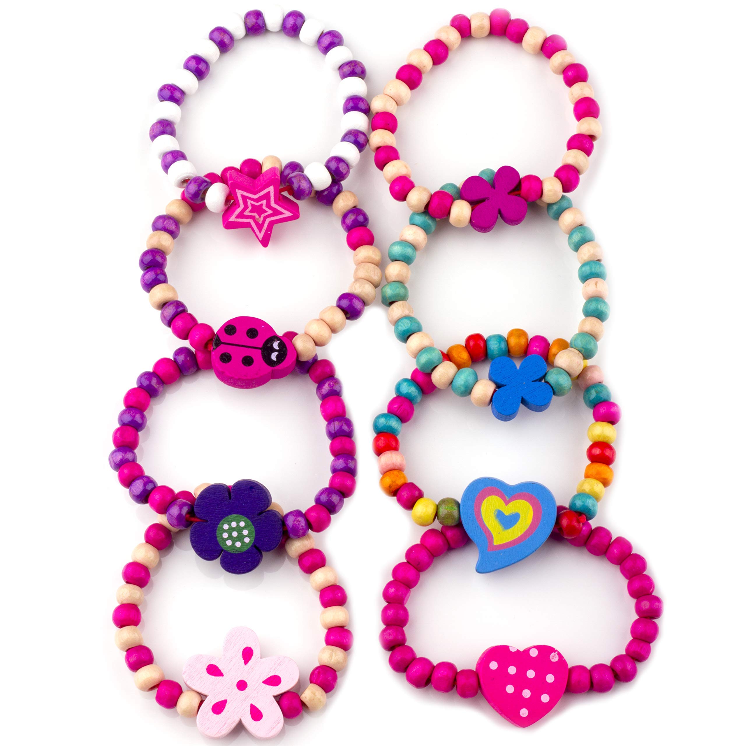 Little Princess Party Jewellery 8 Wooden Beaded Friendship Bracelets for Girls - Party Bag Fillers for Kids Party - Christmas Birthday Party Favours