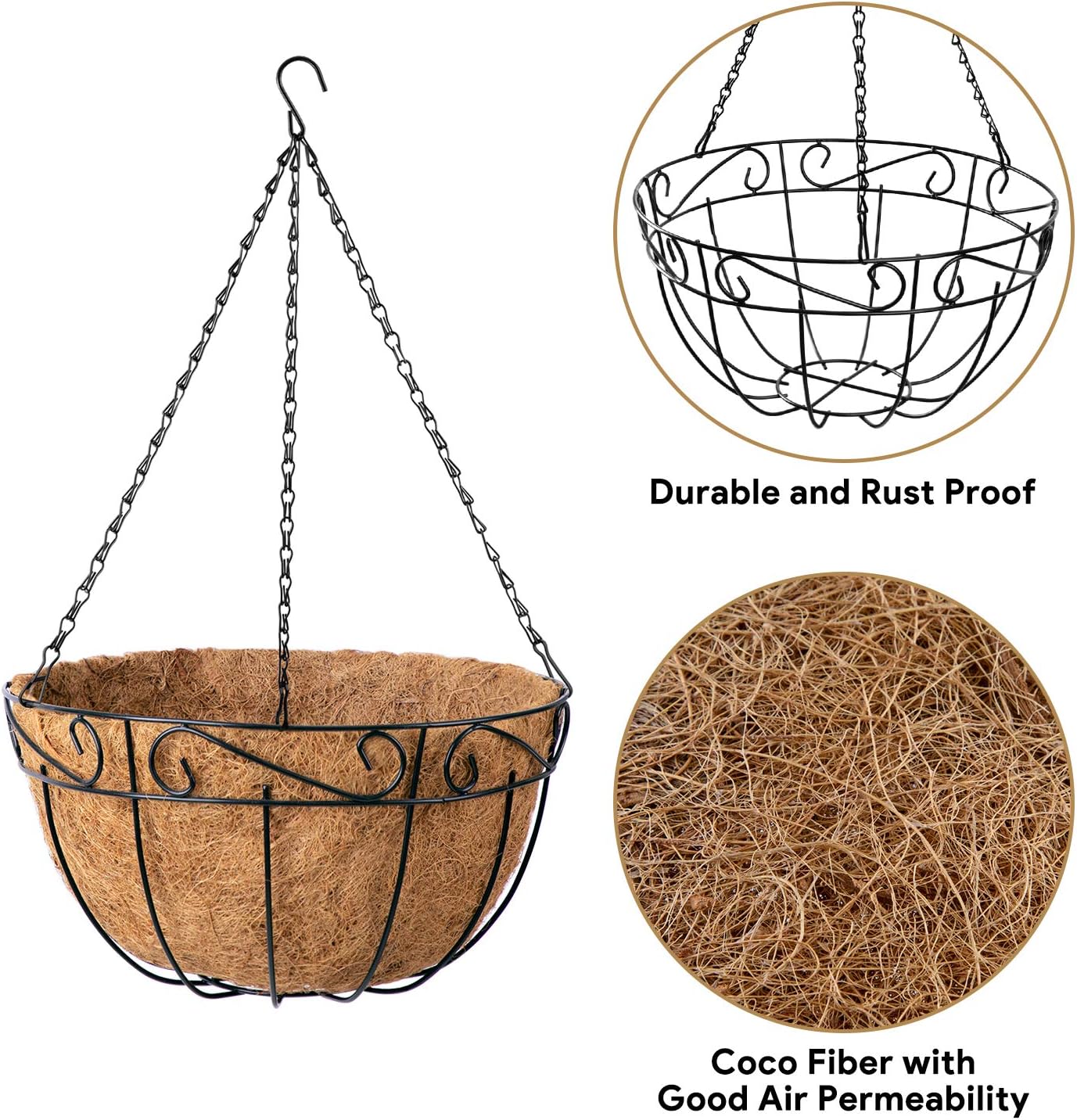 Amagabeli 4 Pack Metal Hanging Planter Baskets 10 Inch for plants Outdoor With Coco Coir Liner Round Wire Flower Pots Plant Holder Chain Porch Decor Hanger Garden Decoration Indoor Watering Black: Home & Kitchen
