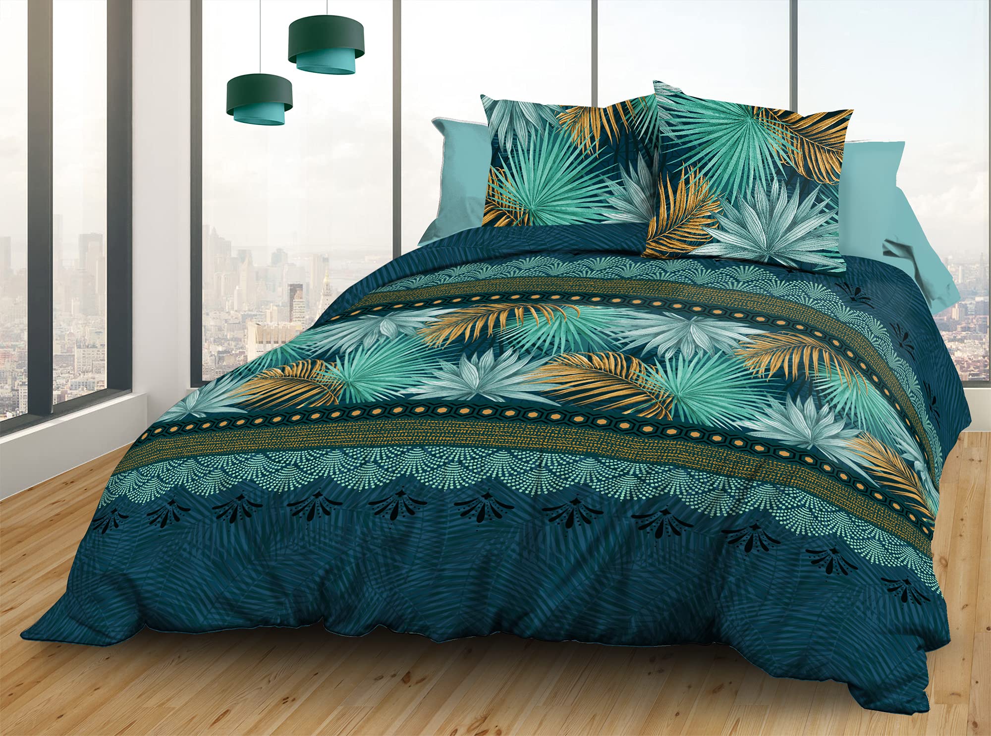 Le linge de Jules Duvet Cover Set, Cotton, Blue, Green, Saffron, Parasio, 3 Pieces, 220 x 240 cm