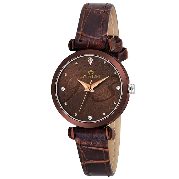 SWISSTONE CK319-BRWN Brown Leather Strap Wrist Watch for Women