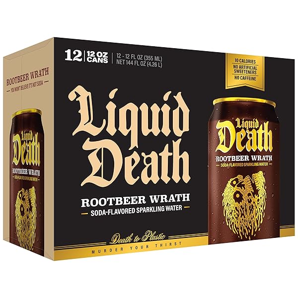 LIQUID DEATH SODA-FLAVORED SPARKLING WATER – ROOTBEER WRATH, LESS SUGAR*, HUGE FLAVOR, NO CAFFEINE, NO ARTIFICIAL SWEETENERS, 12 FL OZ (PACK OF 12)