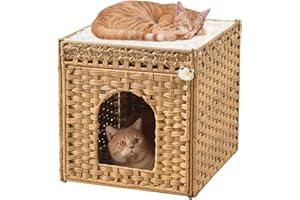 SETVSON Cat Beds for Indoor Cats Extra Large Double Cat Cave Pet Cube, Handwoven Rattan Cat Houses with Double-Sided Soft Cushions, 18.5 x 20.5 x 19.1 Inches Foldable Hideaway in Living Room Natural