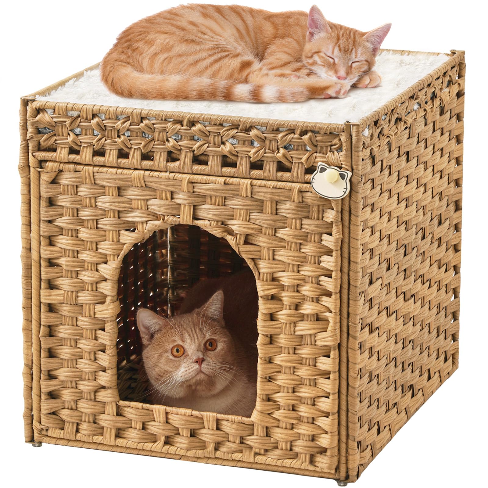Photo 1 of SETVSON Cat Beds for Indoor Cats Extra Large Double Cat Cave Pet Cube, Handwoven Rattan Cat Houses with Double-Sided Soft Cushions, 18.5 x 20.5 x 19.1 Inches Foldable Hideaway in Living Room Natural