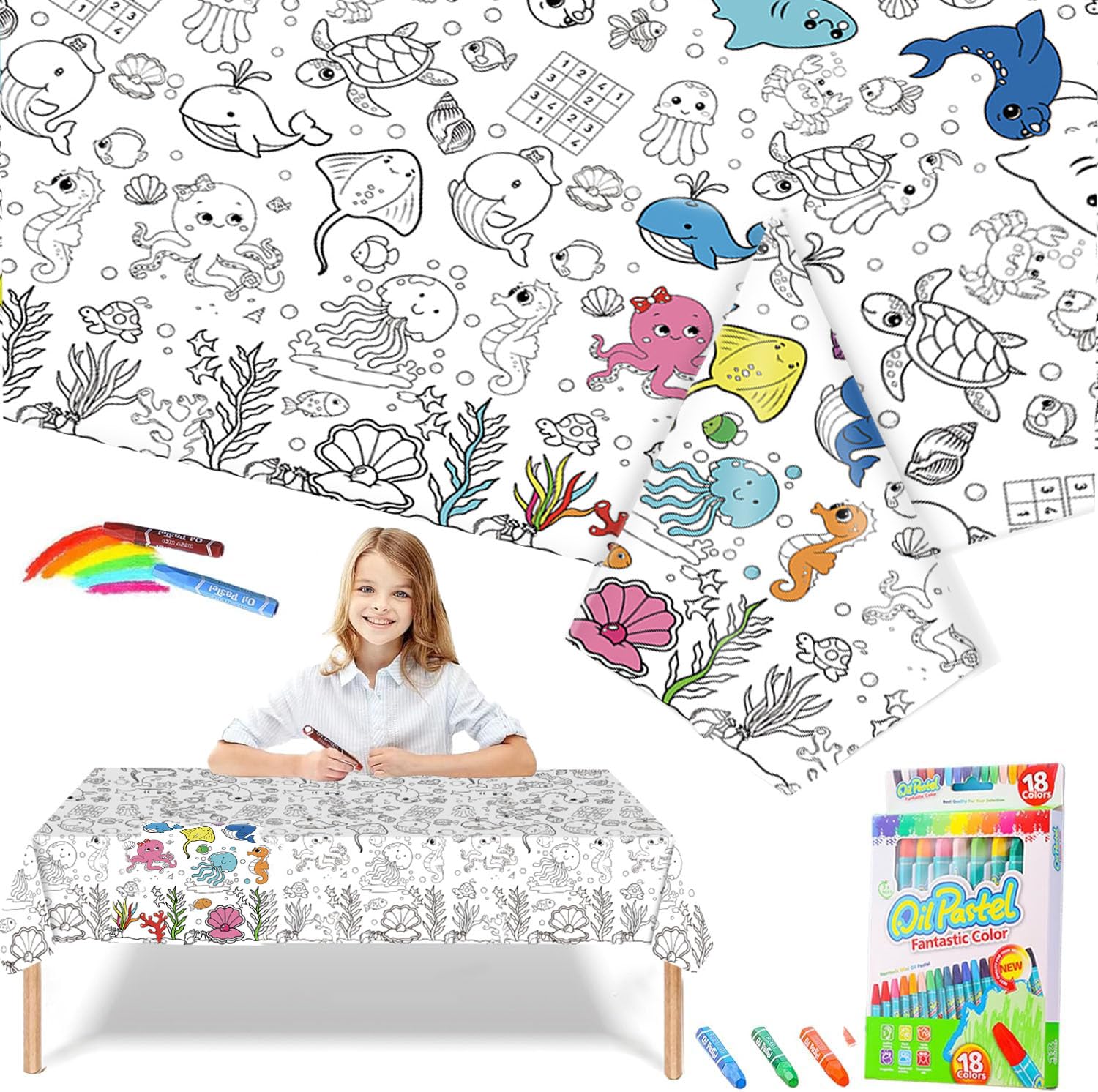 Ocean World Giant Colouring Table Cloths for Kids,Party Tablecloth Colouring Poster with 18 Paint Pen,47x71inch Large Colour In Table Cloth Drawing Paper Roll Table Cover Colouring Sheet for Kid Party
