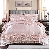 MOVE OVER 8 Pieces Light Pink Comforter Set Queen Size Silk Like Satin Bed in a Bag Boho Chic Farmhouse Style Girls Pink Ruffled Comforter Sets for Bedroom Decor Luxury and Soft Silky Comforter Set