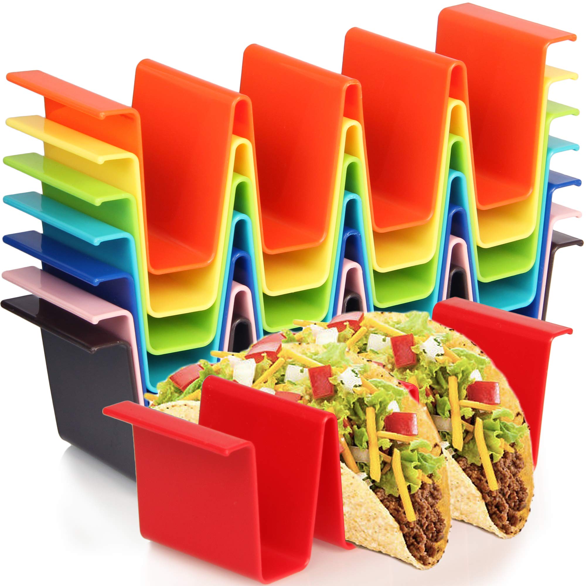 Youngever 8 Pack Re-usable Taco Holder Stand, Plastic Taco Plate, Set of 8 Assorted Colors (Rainbow)