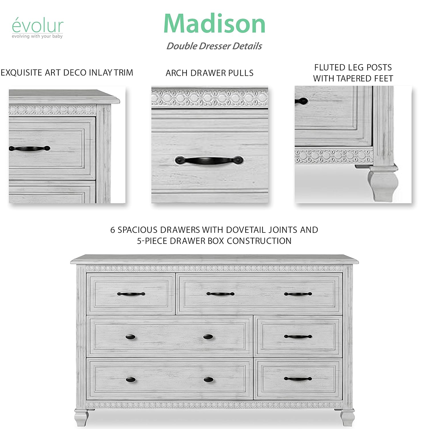 Evolur Madison Double Dresser, Antique Grey Mist : Baby