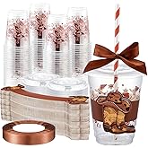 Jingmore 60 Sets Plastic Cups Bulk 12 oz Plastic Disposable Cups with Lids Sleeves and Straws Smoothie Clear Drink Disposable Party Favor Holiday Birthday Wedding Party Supplies(Cowboy)