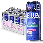E.U.B. Strawberry Vanilla Sparkling Functional Beverage, 12oz Can, 50mg Caffeine, 25 Calories, with Nootropics & Adaptogens for Mood & Energy Support