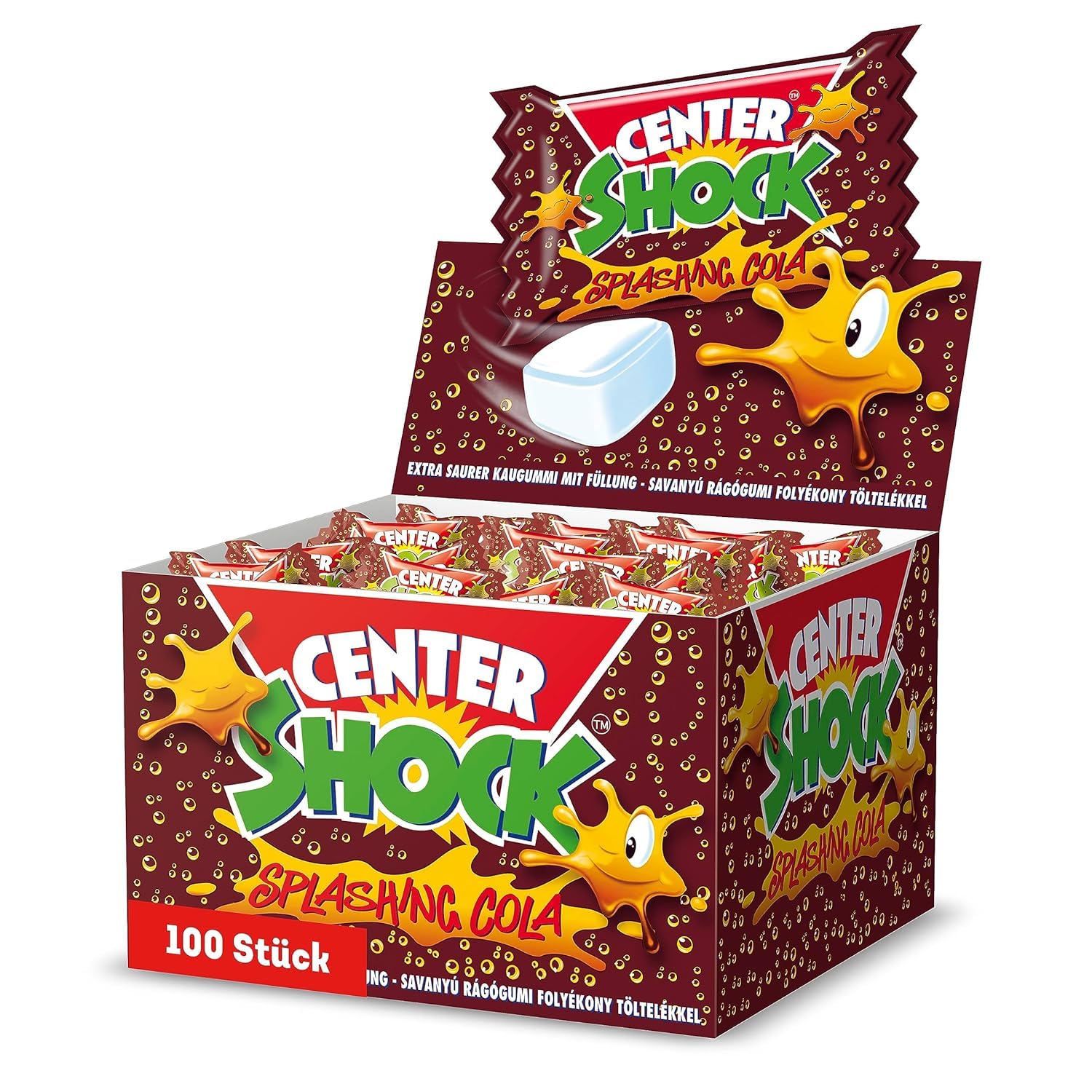 Center Shock Splashing Cola, Box mit 100 Kaugummis, extra-sauer mit Cola-Geschmack, geeignet für Geburtstag, Pinata, Party, Candy-Bar, Weihnachten und Halloween, 400g