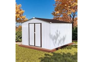 LINKHOO 10' x 8' XL Outdoor Storage Shed, Sturdy Metal Building w/Lockable Doors for Garden, Backyard, Poolside and Lawn, Brown+White