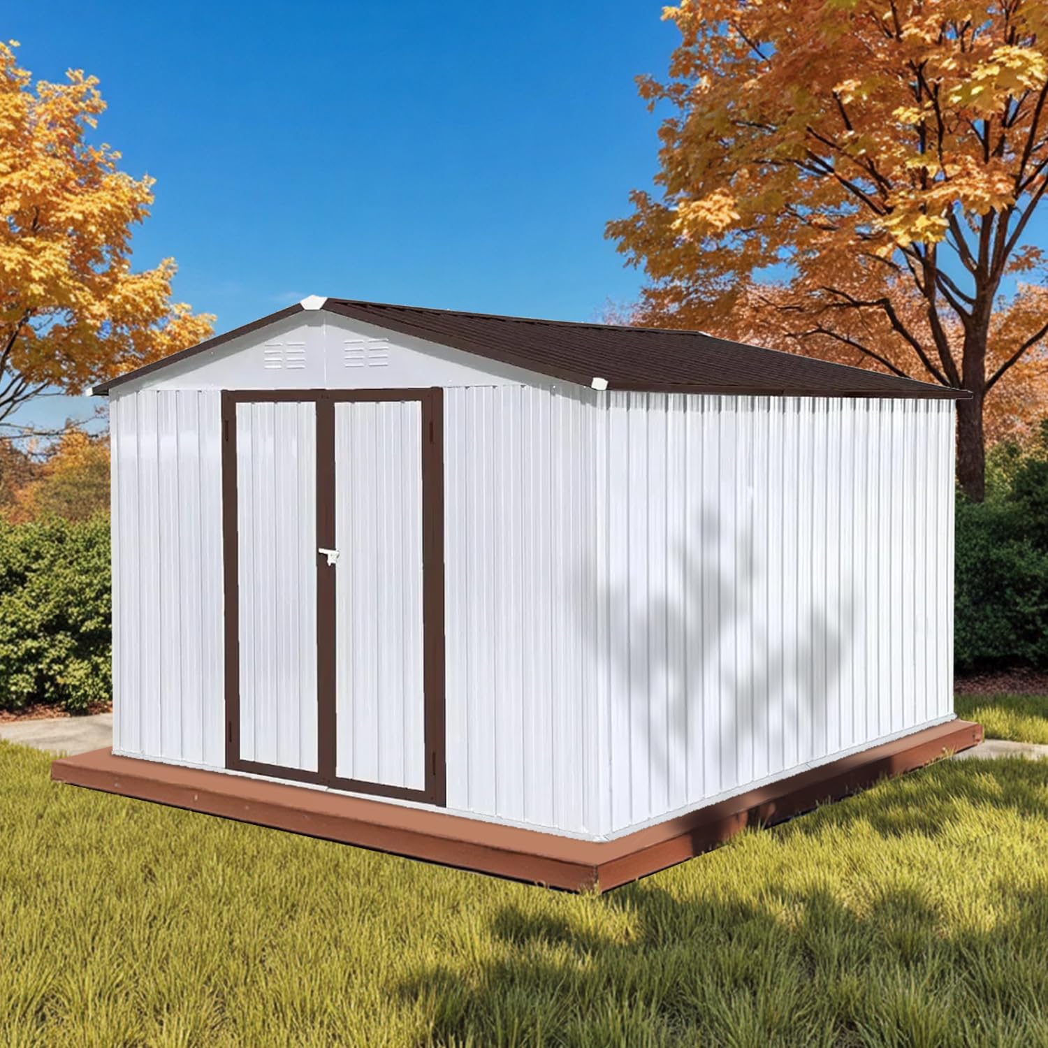 Photo 1 of 10' x 8' XL Outdoor Storage Shed, Sturdy Metal Building w/Lockable Doors for Garden, Backyard, Poolside and Lawn, Brown+White