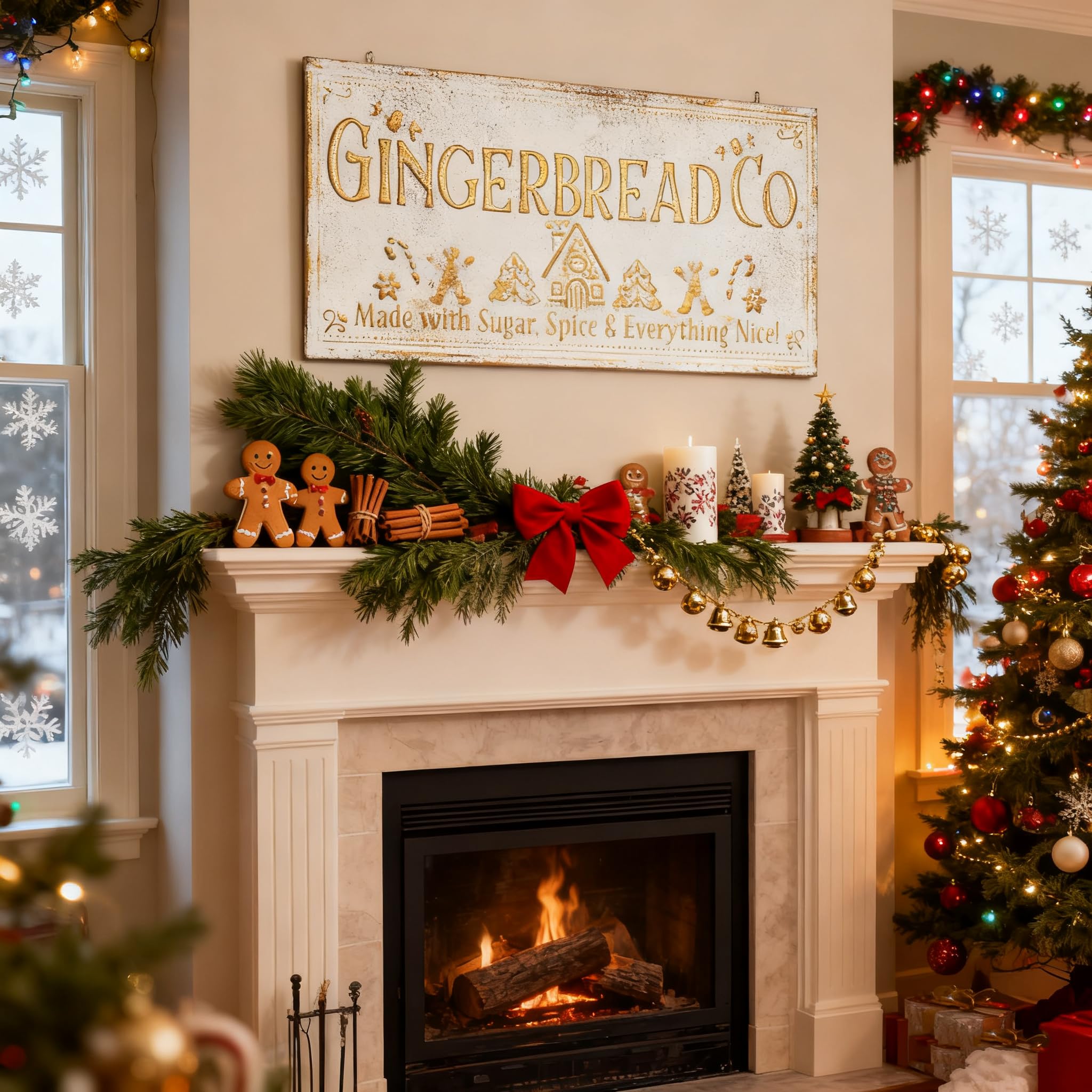 Photo 1 of 30" Vintage Metal Christmas Wall Sign - Gingerbread Co. Rustic Wall Mount Holiday Decor Distressed Wall Hanging Iron Painting Plaque Christmas Wall Art for Home Mantel Porch Bakery